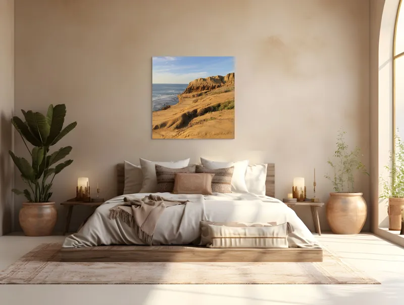 Tablou Canvas, "Peisaj arid la malul mării", Ocean, Stânci, Apus, Horizon, Cer, Valuri, Peisaj., 100 x 100 cm – poza 4
