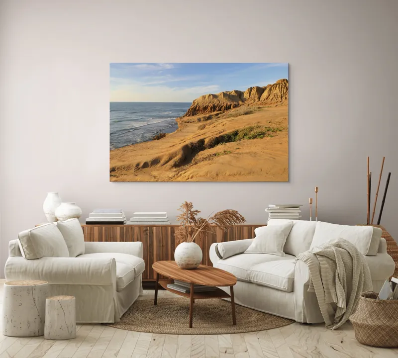 Tablou Canvas, "Peisaj arid la malul mării", Ocean, Stânci, Apus, Horizon, Cer, Valuri, Peisaj., 150 x 100 cm – poza 3