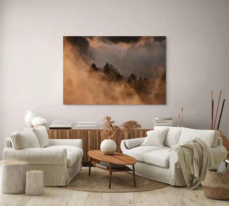 Tablou Canvas, "Umbrele serii pe munte înnegurat", Ceață, Mister, Pădure, Etereal, Natură, Calm, Lumină, Umbre, 150 x 100 cm – poza 3