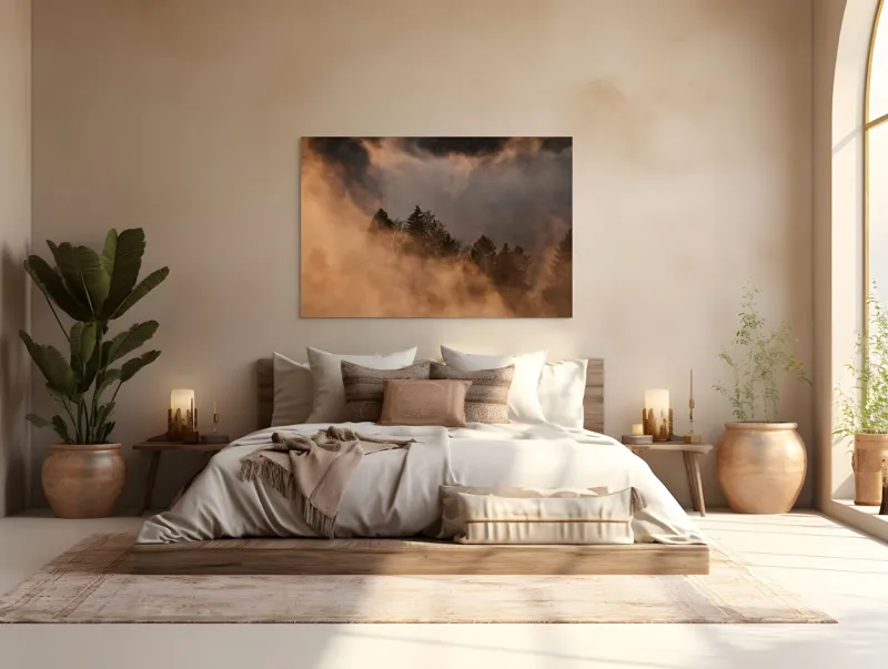 Tablou Canvas, "Umbrele serii pe munte înnegurat", Ceață, Mister, Pădure, Etereal, Natură, Calm, Lumină, Umbre, 150 x 100 cm – poza 4