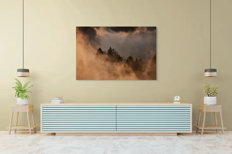 Tablou Canvas, "Umbrele serii pe munte înnegurat", Ceață, Mister, Pădure, Etereal, Natură, Calm, Lumină, Umbre, 150 x 100 cm – poza 6