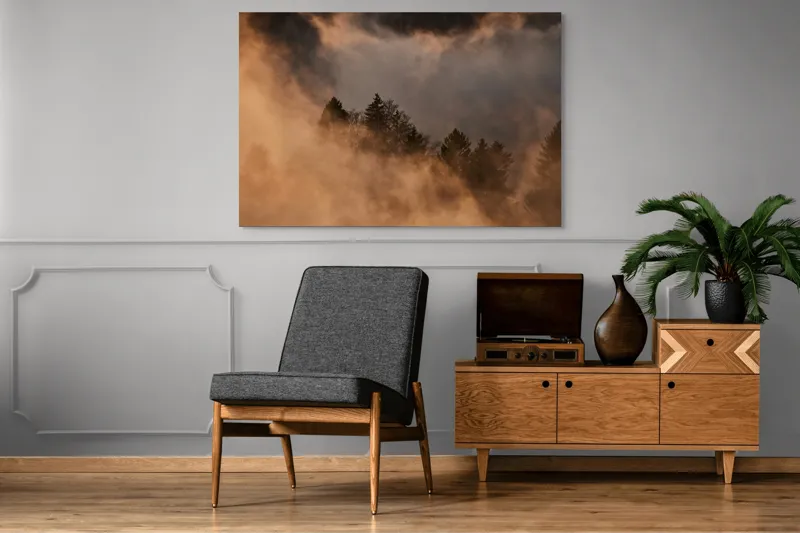 Tablou Canvas, "Umbrele serii pe munte înnegurat", Ceață, Mister, Pădure, Etereal, Natură, Calm, Lumină, Umbre, 150 x 100 cm – poza 8