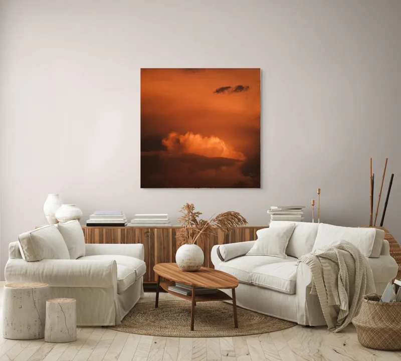 Tablou Canvas, "Nor de foc la apus", Nor, Apus, Cer, Portocaliu, Dramatic, Întunecat, Lumină, Vise, Mister, Încântare., 100 x 100 cm – poza 3