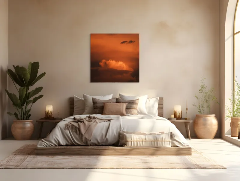 Tablou Canvas, "Nor de foc la apus", Nor, Apus, Cer, Portocaliu, Dramatic, Întunecat, Lumină, Vise, Mister, Încântare., 100 x 100 cm – poza 4