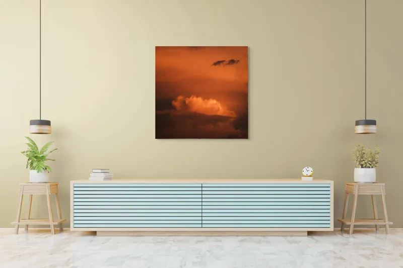 Tablou Canvas, "Nor de foc la apus", Nor, Apus, Cer, Portocaliu, Dramatic, Întunecat, Lumină, Vise, Mister, Încântare., 100 x 100 cm – poza 5