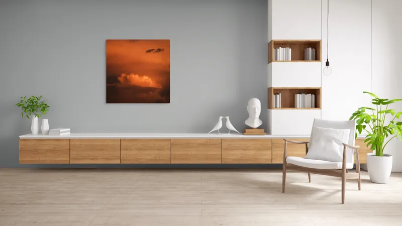 Tablou Canvas, "Nor de foc la apus", Nor, Apus, Cer, Portocaliu, Dramatic, Întunecat, Lumină, Vise, Mister, Încântare., 100 x 100 cm – poza 8