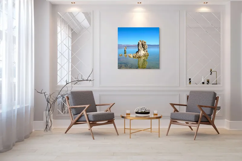 Tablou Canvas, "Stânci misterioase în lac liniștit", Stâncă, Apă, Reflecție, Cer, Natură, Liniște, Albastru, Peisaj, Lumină, Claritate., 100 x 100 cm – poza 7