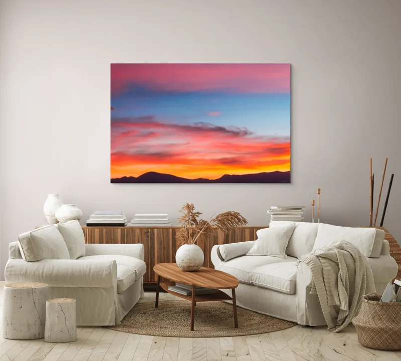 Tablou Canvas, "Cerul în culorile apusului vibrante", Cer, Apus, Culori, Roz, Albastru, Siluete, Munti, Nori, 150 x 100 cm – poza 3