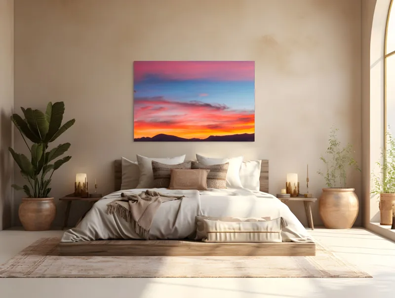 Tablou Canvas, "Cerul în culorile apusului vibrante", Cer, Apus, Culori, Roz, Albastru, Siluete, Munti, Nori, 150 x 100 cm – poza 4