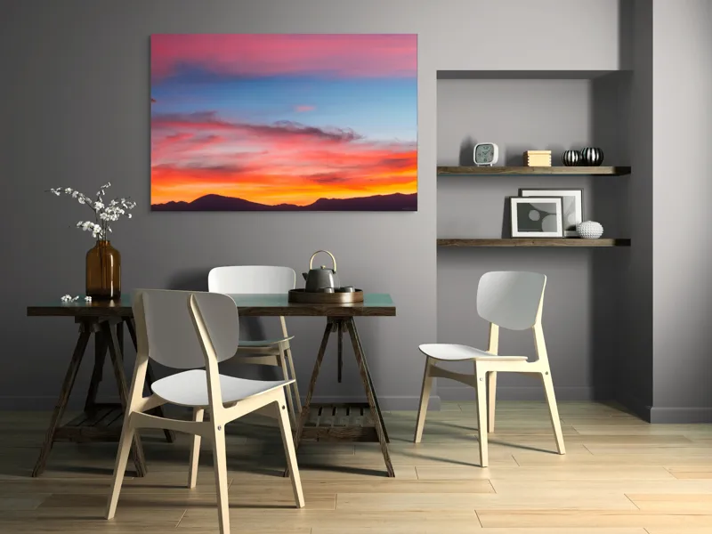 Tablou Canvas, "Cerul în culorile apusului vibrante", Cer, Apus, Culori, Roz, Albastru, Siluete, Munti, Nori, 150 x 100 cm – poza 5