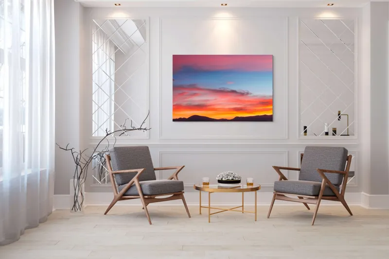 Tablou Canvas, "Cerul în culorile apusului vibrante", Cer, Apus, Culori, Roz, Albastru, Siluete, Munti, Nori, 150 x 100 cm – poza 7