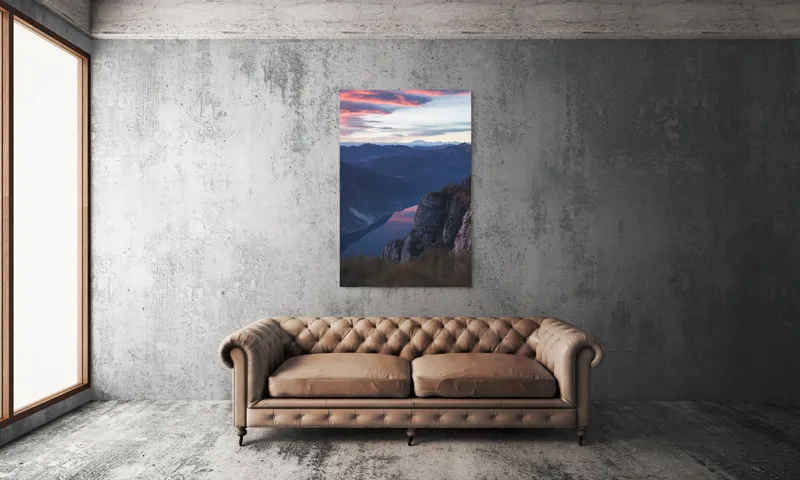 Tablou Canvas, "Apus de foc peste munți și lac", Cer, Munți, Apus, Reflectie, Stânci, Râu, Lumină, Peisaj, Culori, Natură, 100 x 150 cm – poza 6