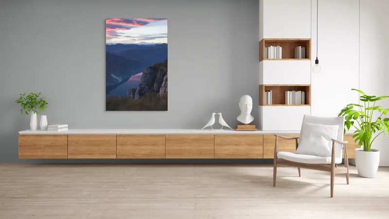 Tablou Canvas, "Apus de foc peste munți și lac", Cer, Munți, Apus, Reflectie, Stânci, Râu, Lumină, Peisaj, Culori, Natură, 100 x 150 cm – poza 8