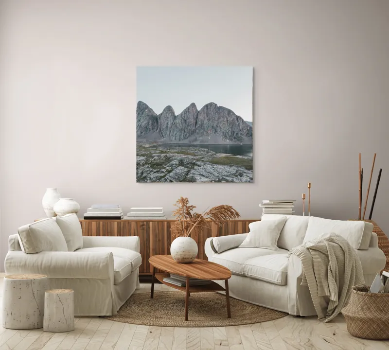 Tablou Canvas, "Munții tăcuți ai dimineții nordice", Piatre, Munte, Cer, Lac, Natura, Stancă, Timp, Liniște, Peisaj, 100 x 100 cm – poza 3