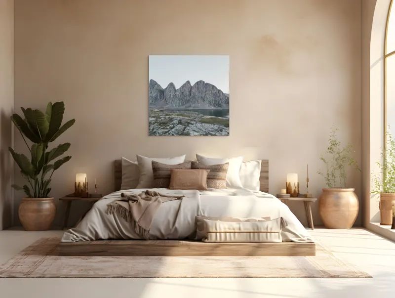Tablou Canvas, "Munții tăcuți ai dimineții nordice", Piatre, Munte, Cer, Lac, Natura, Stancă, Timp, Liniște, Peisaj, 100 x 100 cm – poza 4