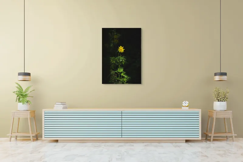 Tablou Canvas, "Floarea însorită în umbra pădurii", Floare, Galbenă, Întuneric, Iluminată, Frunzele, Mister, Natură, Solitar, Sclipire, Contrast., 70 x 100 cm – poza 5