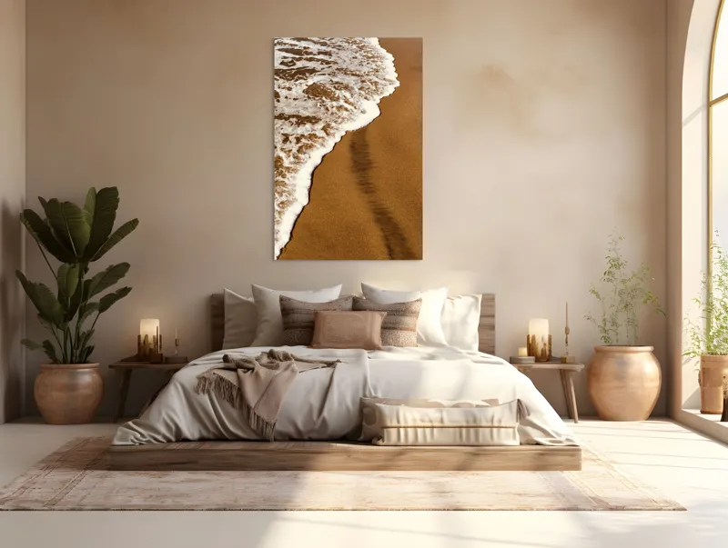 Tablou Canvas, "Apă sărată și nisip auriu", Valuri, Nisip, Spumă, Apă, Liniște, 100 x 150 cm – poza 3