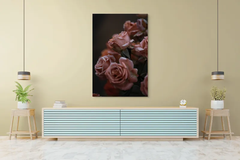 Tablou Canvas, "Trandafiri roz în amurg ploios", Răbdare, Gingășie, Melancolie, Fragilitate, Eleganță, Visare, Îmbobocire, 100 x 150 cm – poza 4