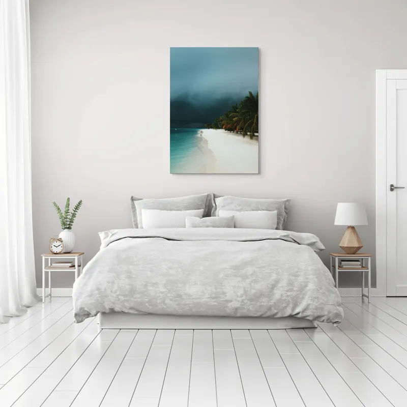 Tablou Canvas, "Furtună aproape de paradis tropical", Ocean, Nisip, Palmieri, Cer, Întunecare, Apus, Natură, Pustiu, Calm, Aventura, 70 x 100 cm – poza 3