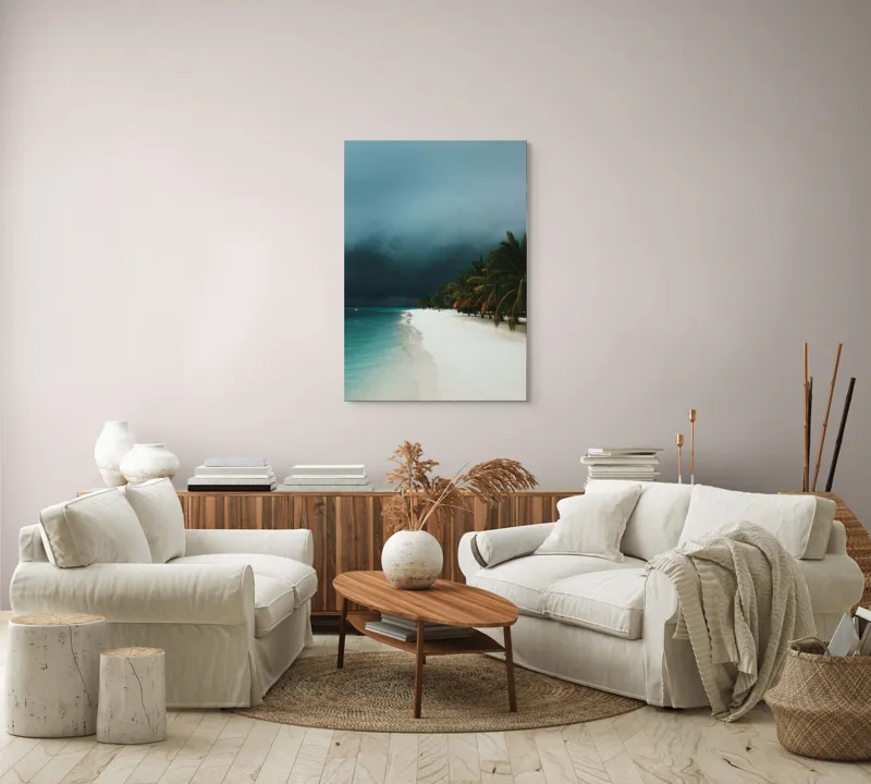 Tablou Canvas, "Furtună aproape de paradis tropical", Ocean, Nisip, Palmieri, Cer, Întunecare, Apus, Natură, Pustiu, Calm, Aventura, 70 x 100 cm – poza 4