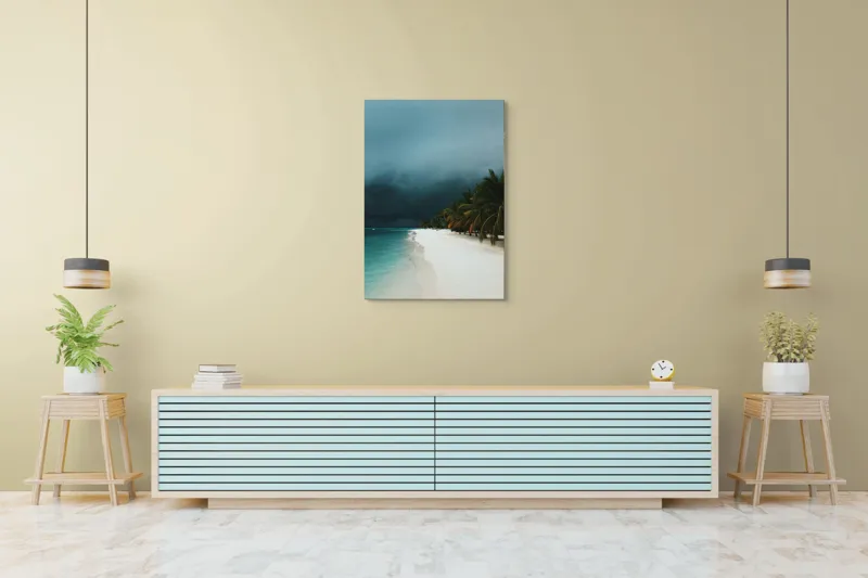 Tablou Canvas, "Furtună aproape de paradis tropical", Ocean, Nisip, Palmieri, Cer, Întunecare, Apus, Natură, Pustiu, Calm, Aventura, 70 x 100 cm – poza 5