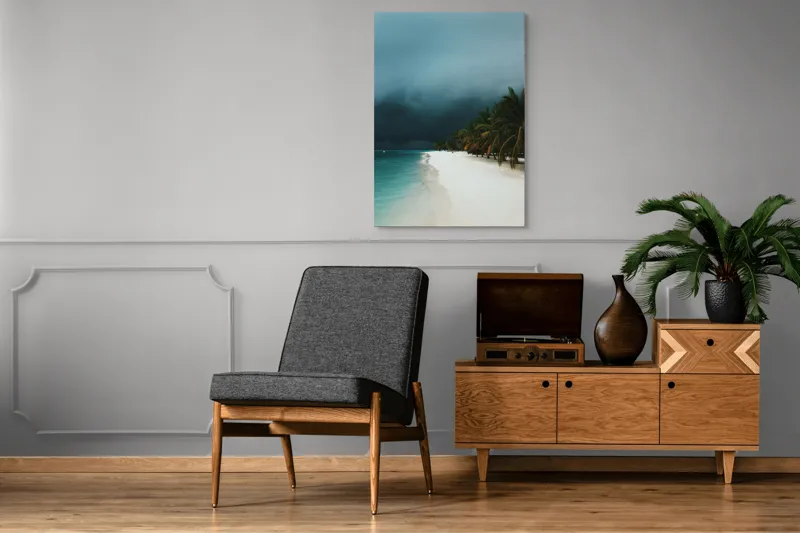 Tablou Canvas, "Furtună aproape de paradis tropical", Ocean, Nisip, Palmieri, Cer, Întunecare, Apus, Natură, Pustiu, Calm, Aventura, 70 x 100 cm – poza 6