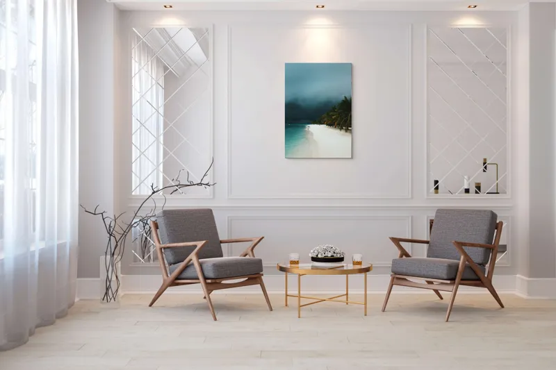 Tablou Canvas, "Furtună aproape de paradis tropical", Ocean, Nisip, Palmieri, Cer, Întunecare, Apus, Natură, Pustiu, Calm, Aventura, 70 x 100 cm – poza 8