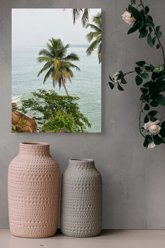 Tablou Canvas, "Palmier singuratic lângă ocean uluitor", Ocean, Palmieri, Stânci, Vegetație, Cer, Frunze, Peisaj, Linie, Orizont., 39 x 54 cm – poza 6