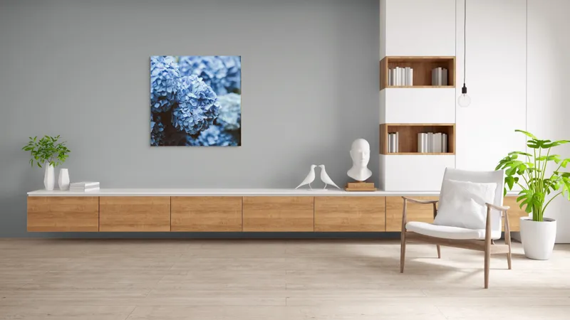 Tablou Canvas, "Blândețea florilor de hortensie albastre", Flori, Albastru, Delicatețe, Petale, Natură, Frumusețe, Textură, 100 x 100 cm – poza 8