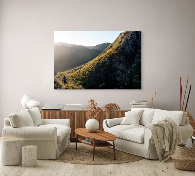 Tablou Canvas, "Explorator în munții scăldați în lumină", Scenic, Mountains, Sunrise, Valley, Wilderness, Solitude, Exploration, Nature, 150 x 100 cm – poza 3