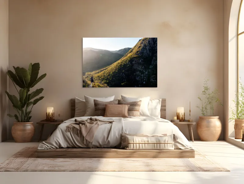 Tablou Canvas, "Explorator în munții scăldați în lumină", Scenic, Mountains, Sunrise, Valley, Wilderness, Solitude, Exploration, Nature, 150 x 100 cm – poza 4