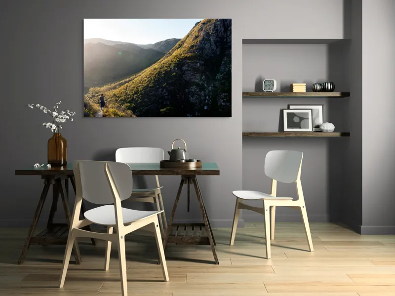 Tablou Canvas, "Explorator în munții scăldați în lumină", Scenic, Mountains, Sunrise, Valley, Wilderness, Solitude, Exploration, Nature, 150 x 100 cm – poza 5