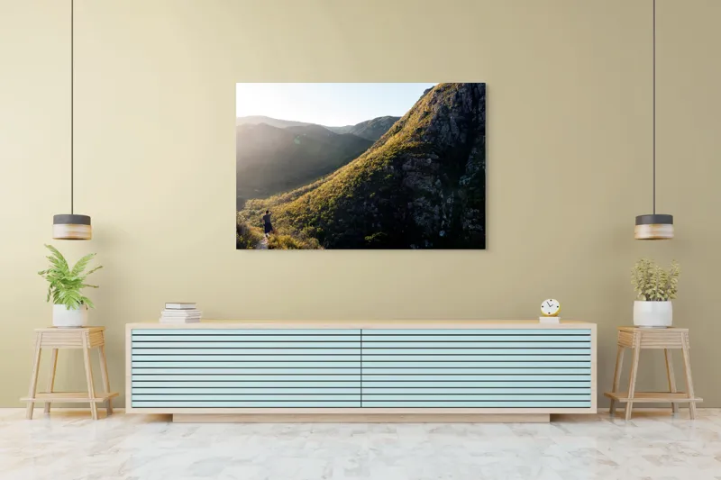 Tablou Canvas, "Explorator în munții scăldați în lumină", Scenic, Mountains, Sunrise, Valley, Wilderness, Solitude, Exploration, Nature, 150 x 100 cm – poza 6