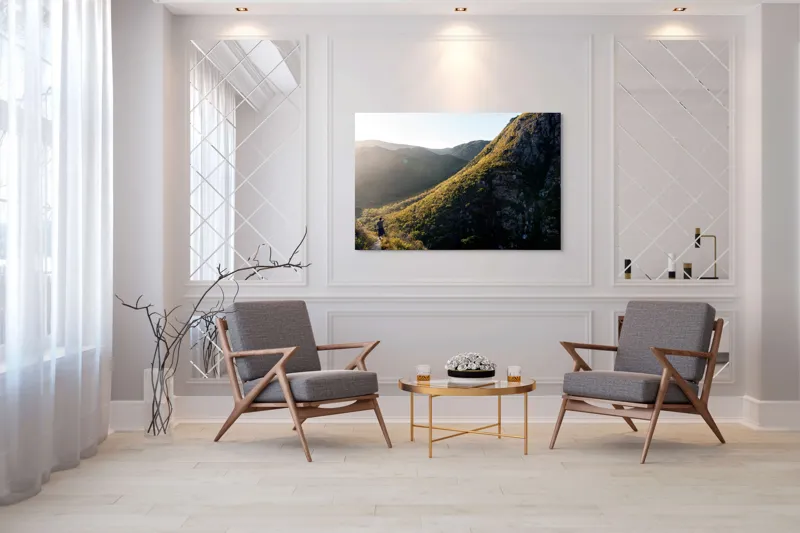 Tablou Canvas, "Explorator în munții scăldați în lumină", Scenic, Mountains, Sunrise, Valley, Wilderness, Solitude, Exploration, Nature, 150 x 100 cm – poza 7