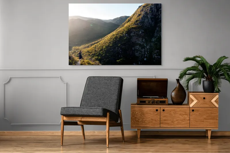 Tablou Canvas, "Explorator în munții scăldați în lumină", Scenic, Mountains, Sunrise, Valley, Wilderness, Solitude, Exploration, Nature, 150 x 100 cm – poza 8