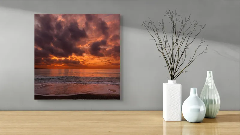 Tablou Canvas, "Apus magic pe țărmul mării", Cer, Norii, Apus, Ocean, Lumină, Reflecții, Orizont, Valuri, Plajă, Portocaliu, 50 x 50 cm – poza 3