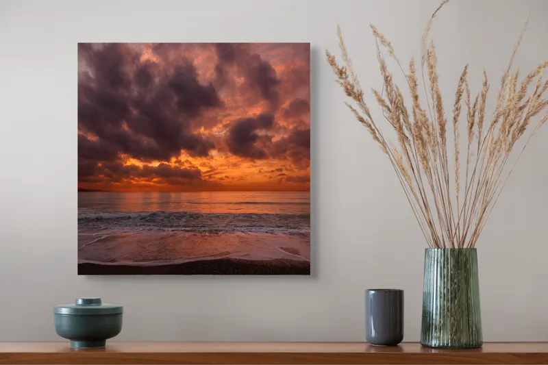 Tablou Canvas, "Apus magic pe țărmul mării", Cer, Norii, Apus, Ocean, Lumină, Reflecții, Orizont, Valuri, Plajă, Portocaliu, 50 x 50 cm – poza 4