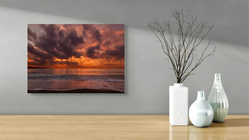 Tablou Canvas, "Apus magic pe țărmul mării", Cer, Norii, Apus, Ocean, Lumină, Reflecții, Orizont, Valuri, Plajă, Portocaliu, 54 x 39 cm – poza 3