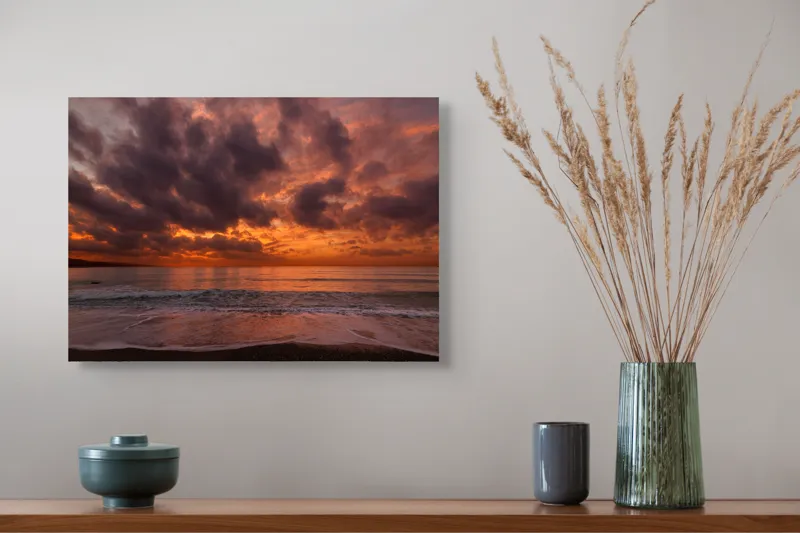 Tablou Canvas, "Apus magic pe țărmul mării", Cer, Norii, Apus, Ocean, Lumină, Reflecții, Orizont, Valuri, Plajă, Portocaliu, 54 x 39 cm – poza 4