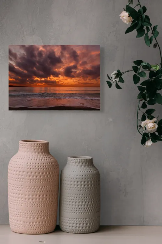 Tablou Canvas, "Apus magic pe țărmul mării", Cer, Norii, Apus, Ocean, Lumină, Reflecții, Orizont, Valuri, Plajă, Portocaliu, 54 x 39 cm – poza 8