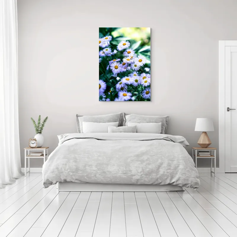 Tablou Canvas, "Dansul florilor de câmp albastre", Flori, Mov, Galben, Petale, Luminozitate, Natură, Verdeață, Grădină, Soare, Frunze, 70 x 100 cm – poza 3
