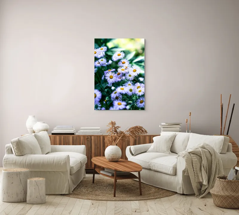 Tablou Canvas, "Dansul florilor de câmp albastre", Flori, Mov, Galben, Petale, Luminozitate, Natură, Verdeață, Grădină, Soare, Frunze, 70 x 100 cm – poza 4