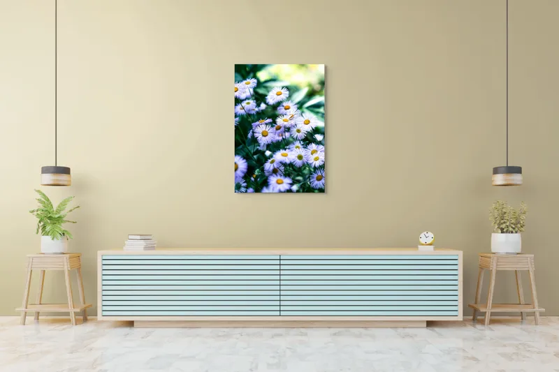 Tablou Canvas, "Dansul florilor de câmp albastre", Flori, Mov, Galben, Petale, Luminozitate, Natură, Verdeață, Grădină, Soare, Frunze, 70 x 100 cm – poza 5