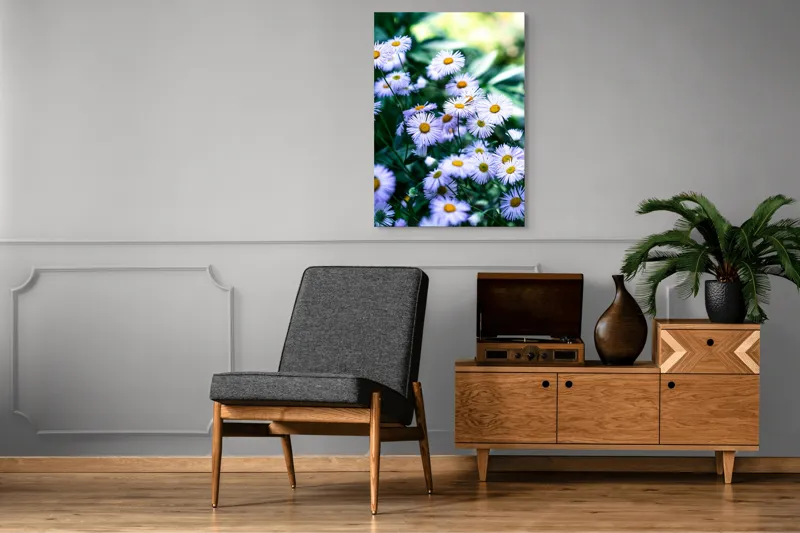 Tablou Canvas, "Dansul florilor de câmp albastre", Flori, Mov, Galben, Petale, Luminozitate, Natură, Verdeață, Grădină, Soare, Frunze, 70 x 100 cm – poza 6