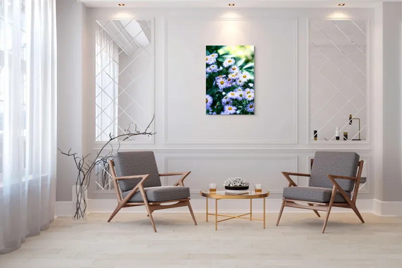 Tablou Canvas, "Dansul florilor de câmp albastre", Flori, Mov, Galben, Petale, Luminozitate, Natură, Verdeață, Grădină, Soare, Frunze, 70 x 100 cm – poza 8