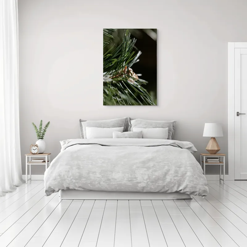 Tablou Canvas, "Fluture ascuns printre ramuri verzi", Fluture, Frunze, Verde, Natură, Delicat, Fragil, Lumină, Inspirație, Seriozitate, Simplitate, 70 x 100 cm – poza 3