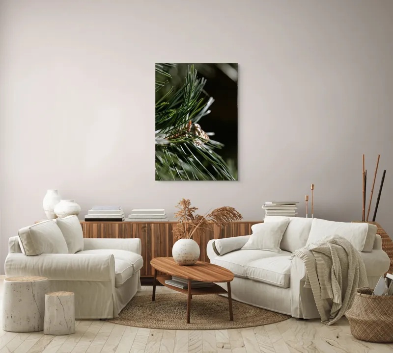 Tablou Canvas, "Fluture ascuns printre ramuri verzi", Fluture, Frunze, Verde, Natură, Delicat, Fragil, Lumină, Inspirație, Seriozitate, Simplitate, 70 x 100 cm – poza 4