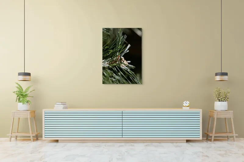 Tablou Canvas, "Fluture ascuns printre ramuri verzi", Fluture, Frunze, Verde, Natură, Delicat, Fragil, Lumină, Inspirație, Seriozitate, Simplitate, 70 x 100 cm – poza 5