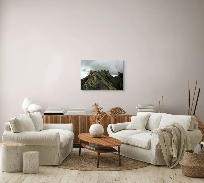 Tablou Canvas, "Colții munților sub cer înnorat", Nor, Piscuri, Stâncă, Dramatic, Cer, Natură, Peisaj, Rugozitate, Contrast, Ominos., 70 x 50 cm – poza 6