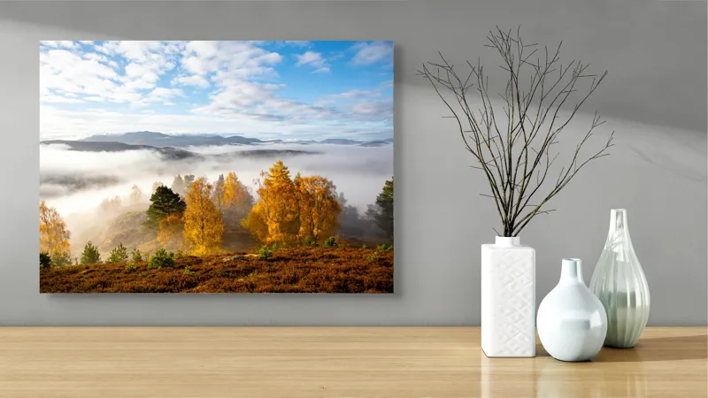 Tablou Canvas, "Toamna învăluind munții în ceață", Frumusețe, Natură, Culoare, Toamnă, Munte, Cer, Nor, Pădure, Peisaj, Lumină, 70 x 50 cm – poza 3